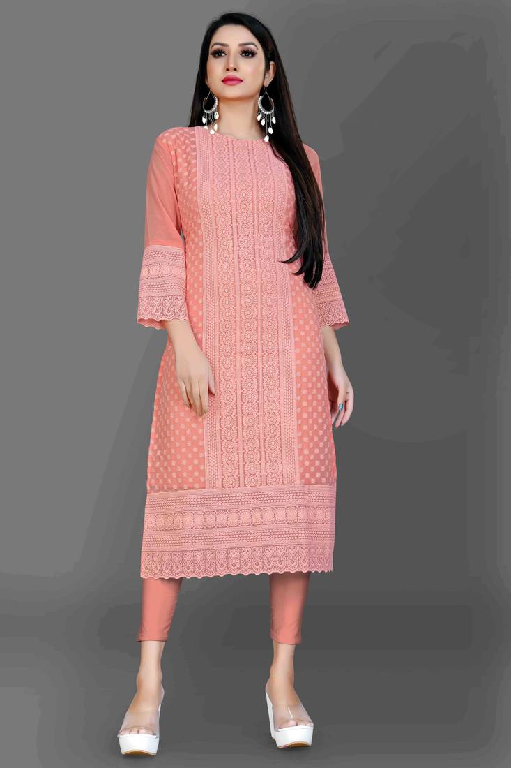 Wlosea Fashion Georgette Chiffon Chikan Embroidery Peach stitched Only Kurti