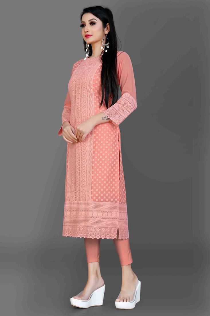 Wlosea Fashion Georgette Chiffon Chikan Embroidery Peach stitched Only Kurti