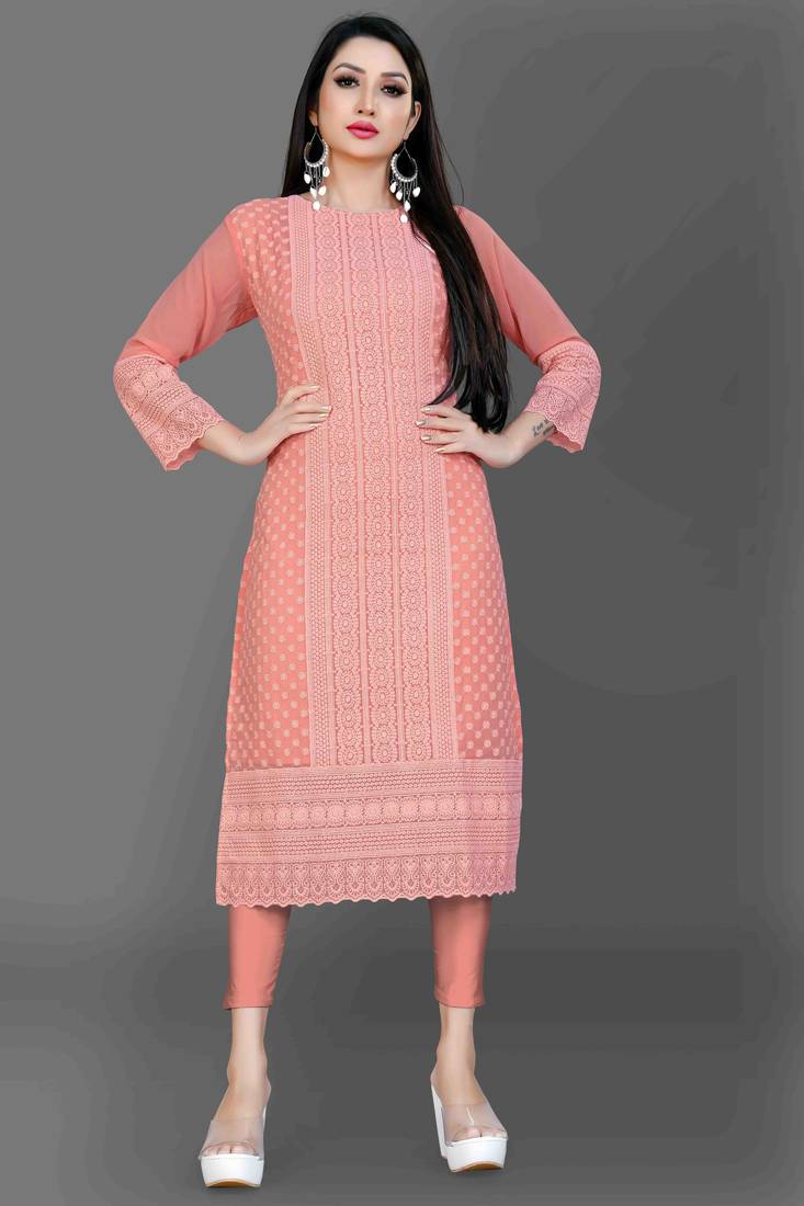 Wlosea Fashion Georgette Chiffon Chikan Embroidery Peach stitched Only Kurti