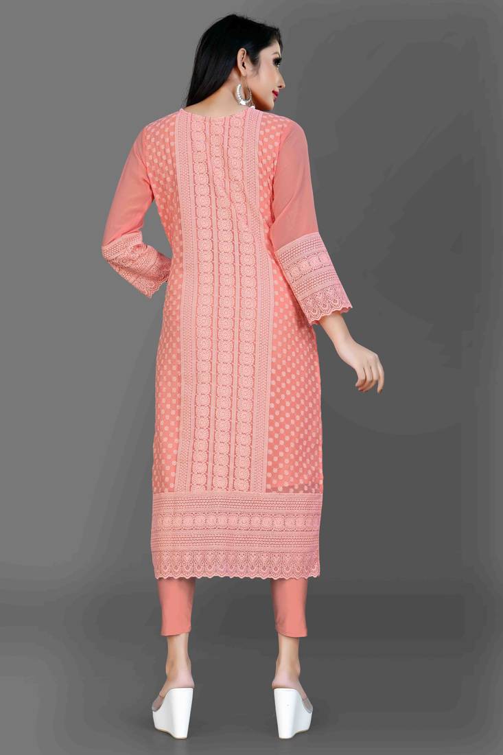 Wlosea Fashion Georgette Chiffon Chikan Embroidery Peach stitched Only Kurti