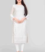 Wlosea Fashion Georgette Chiffon Chikan Embroidery wihite stitched Only Kurti