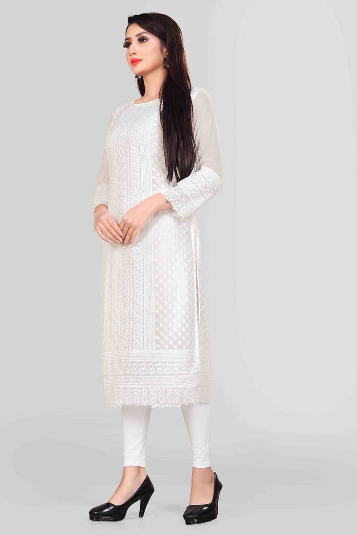 Wlosea Fashion Georgette Chiffon Chikan Embroidery wihite stitched Only Kurti