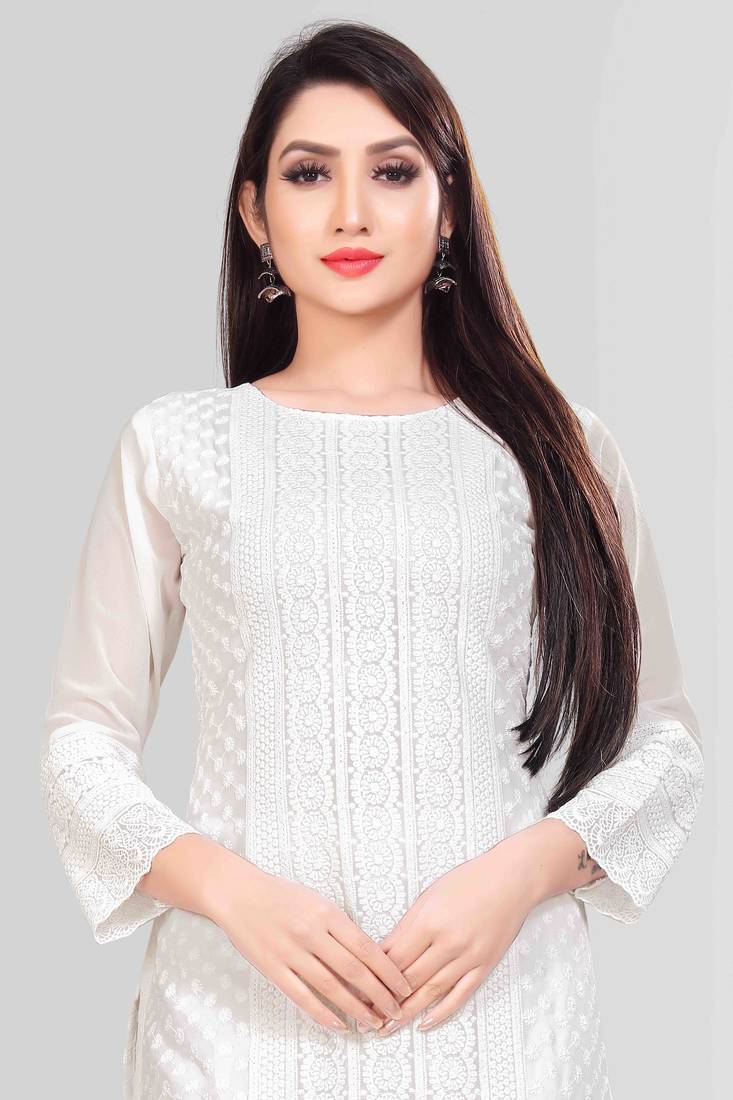 Wlosea Fashion Georgette Chiffon Chikan Embroidery wihite stitched Only Kurti
