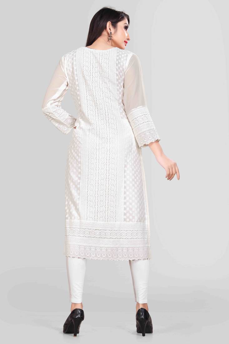 Wlosea Fashion Georgette Chiffon Chikan Embroidery wihite stitched Only Kurti