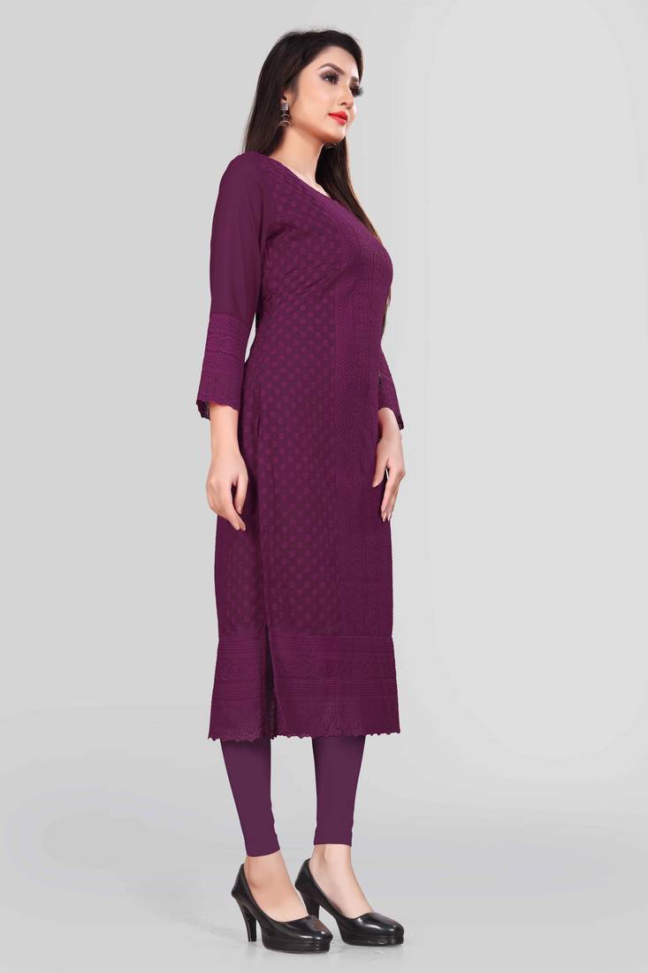 Wlosea Fashion Georgette Chiffon Chikan Embroidery Purple stitched Only Kurti