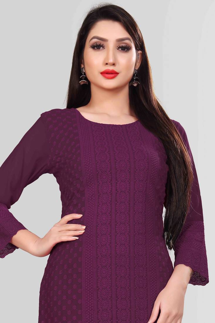Wlosea Fashion Georgette Chiffon Chikan Embroidery Purple stitched Only Kurti