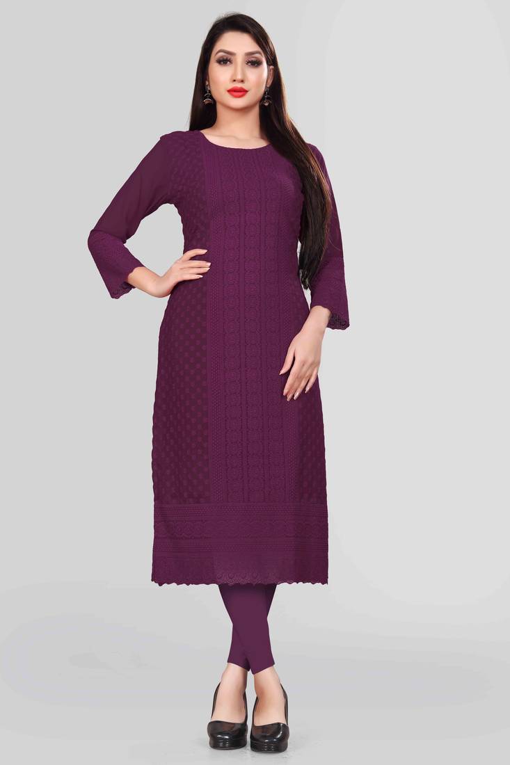 Wlosea Fashion Georgette Chiffon Chikan Embroidery Purple stitched Only Kurti