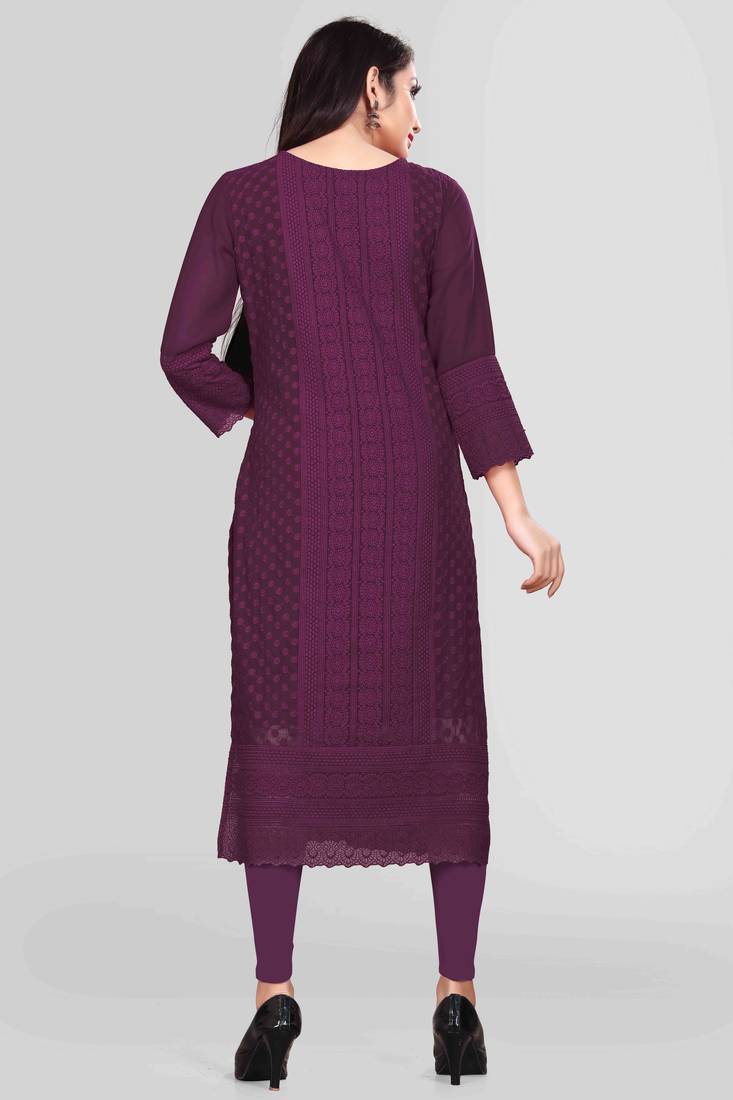 Wlosea Fashion Georgette Chiffon Chikan Embroidery Purple stitched Only Kurti