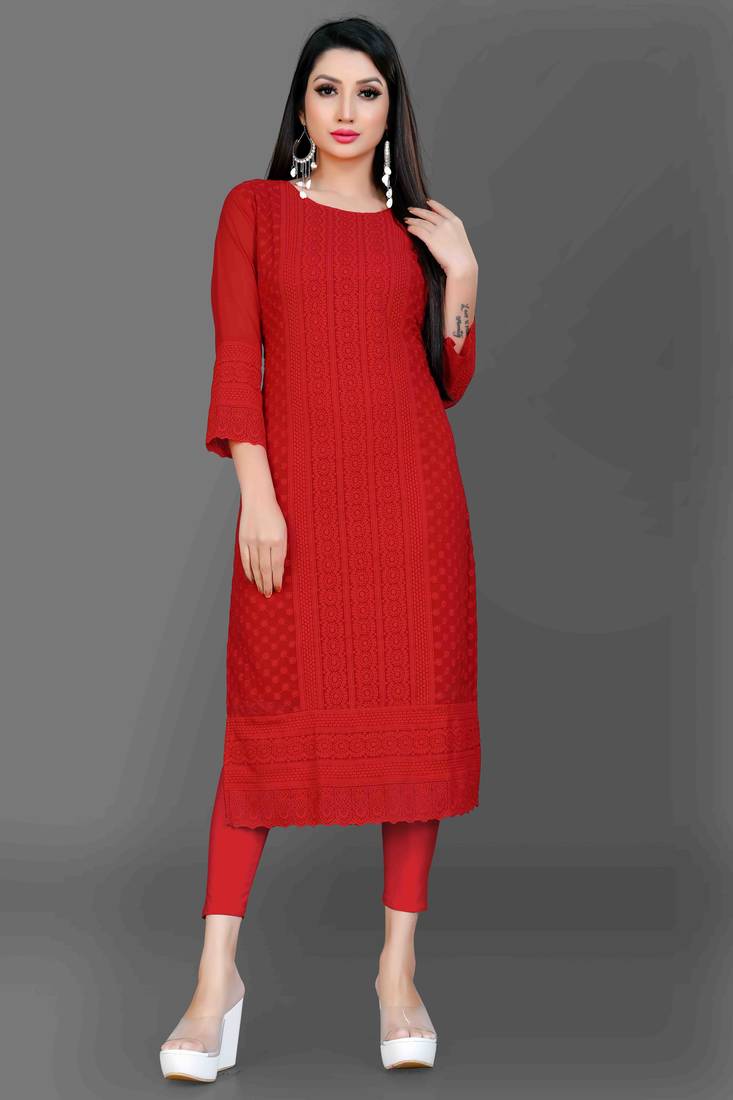 Wlosea Fashion Georgette Chiffon Chikan Embroidery Red stitched Only Kurti