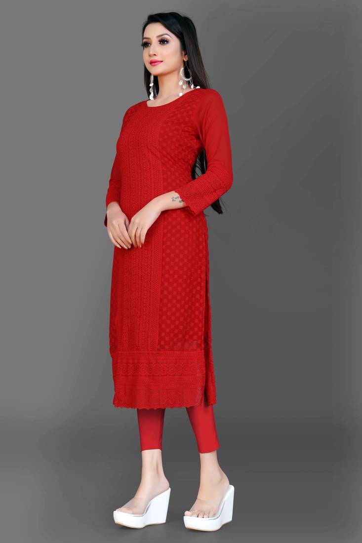 Wlosea Fashion Georgette Chiffon Chikan Embroidery Red stitched Only Kurti