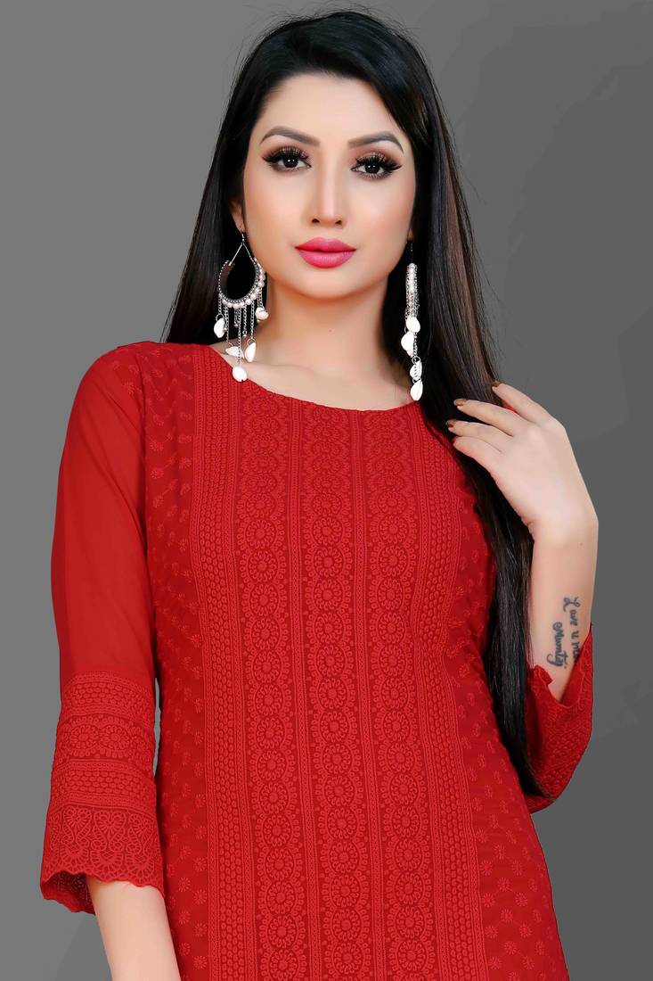 Wlosea Fashion Georgette Chiffon Chikan Embroidery Red stitched Only Kurti