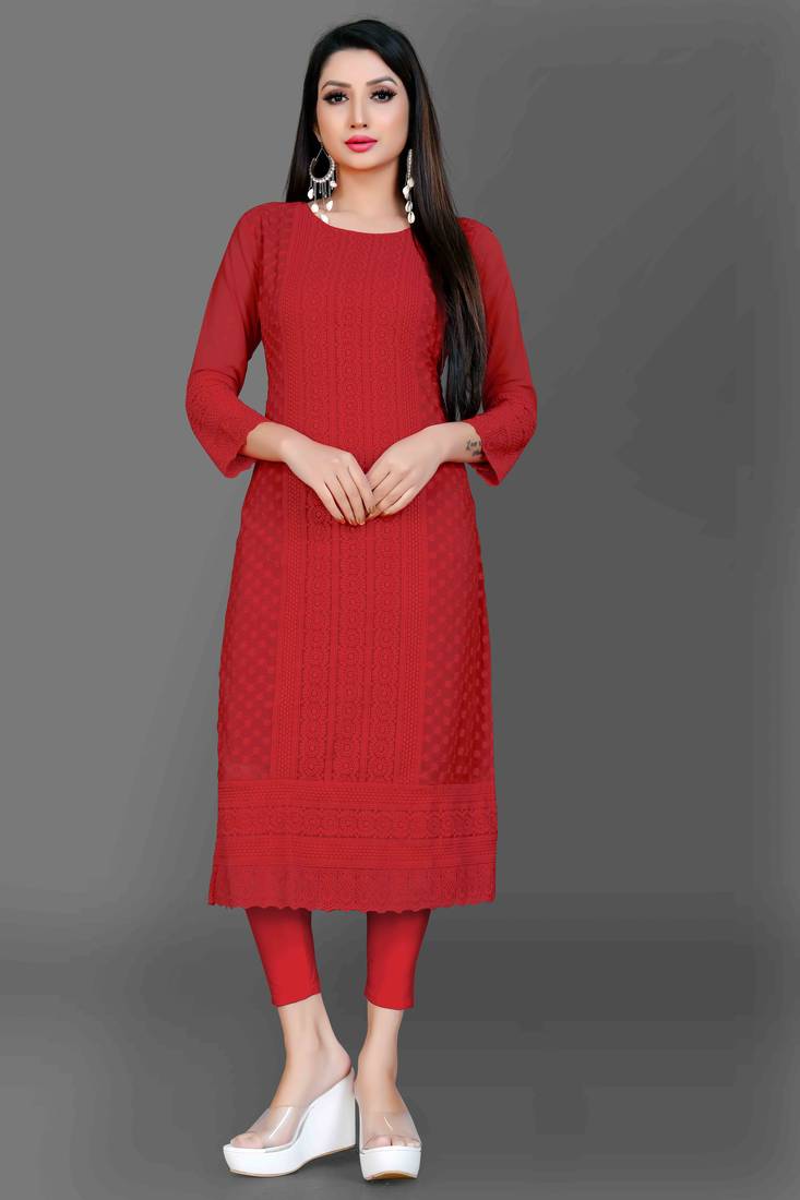Wlosea Fashion Georgette Chiffon Chikan Embroidery Red stitched Only Kurti