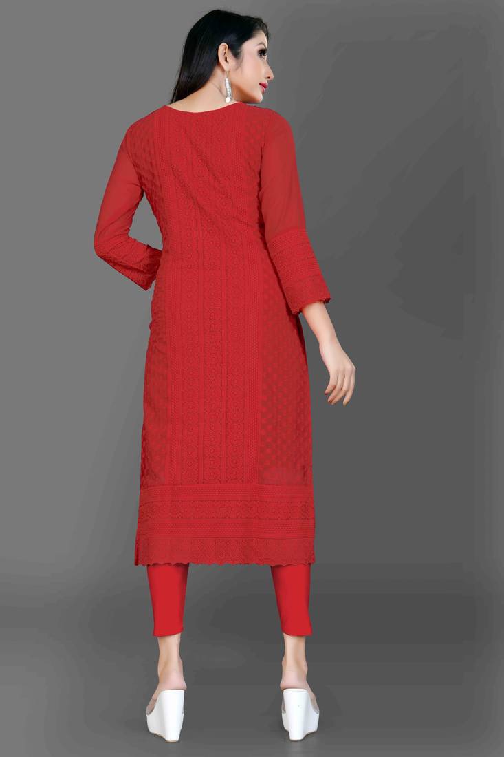 Wlosea Fashion Georgette Chiffon Chikan Embroidery Red stitched Only Kurti
