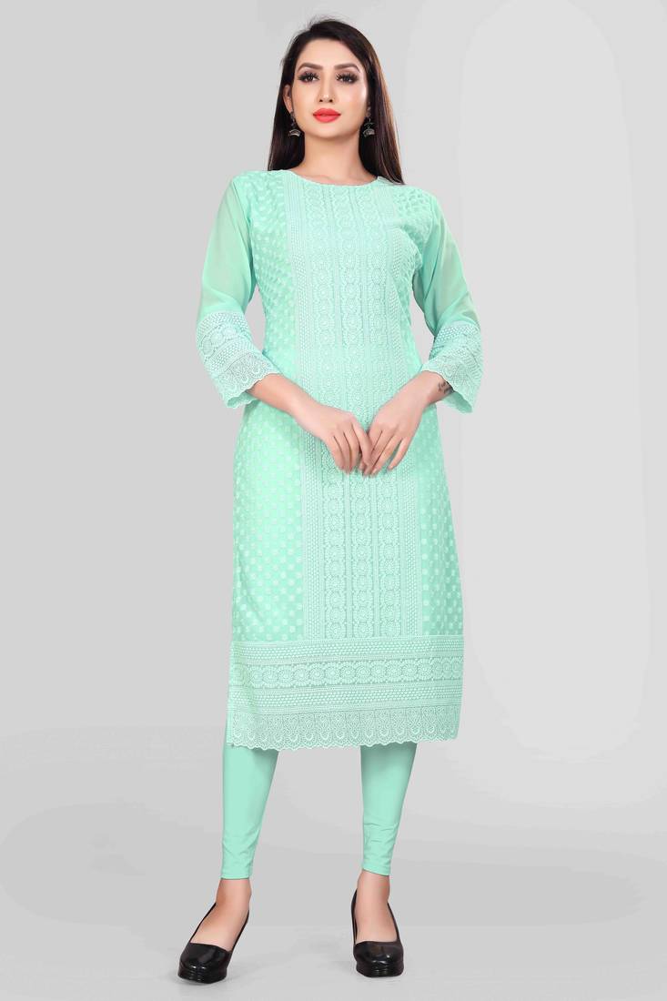 Wlosea Fashion Georgette Chiffon Chikan Embroidery Sky Blue stitched Only Kurti