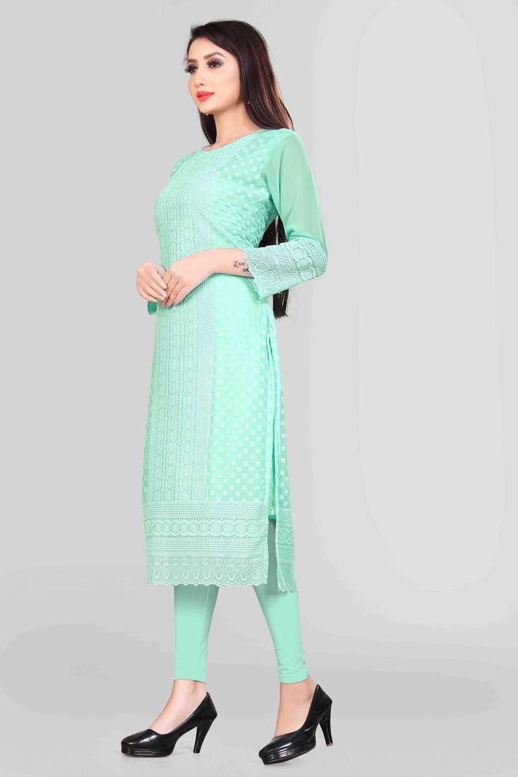 Wlosea Fashion Georgette Chiffon Chikan Embroidery Sky Blue stitched Only Kurti