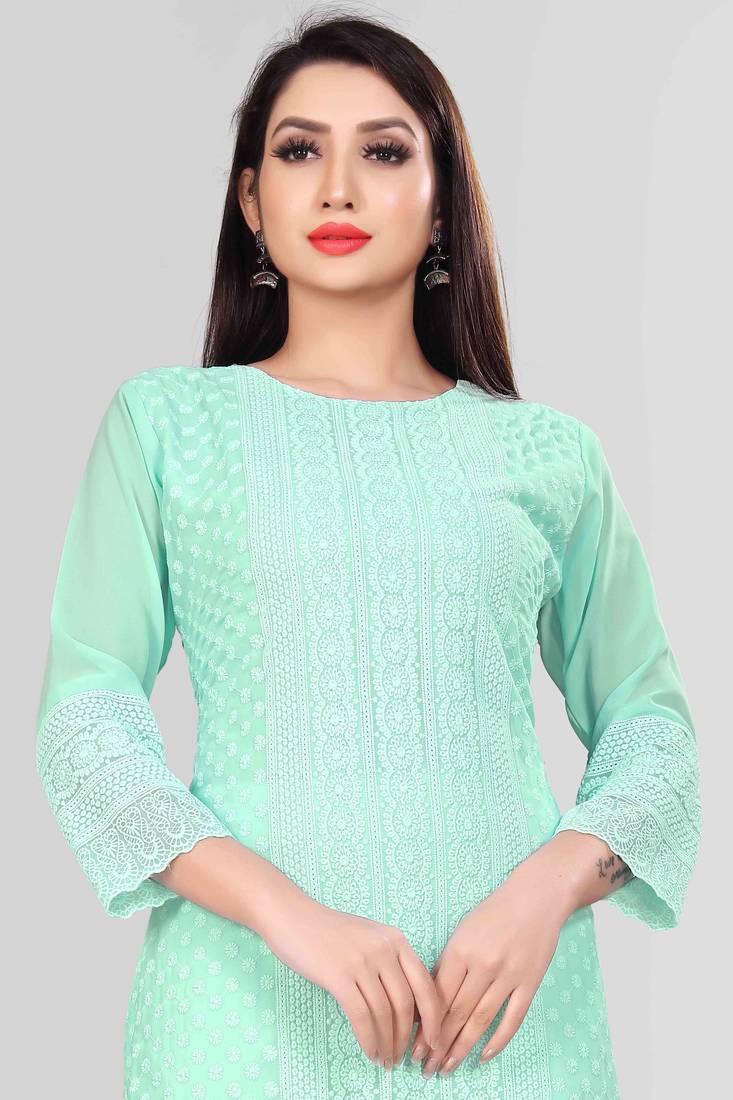 Wlosea Fashion Georgette Chiffon Chikan Embroidery Sky Blue stitched Only Kurti
