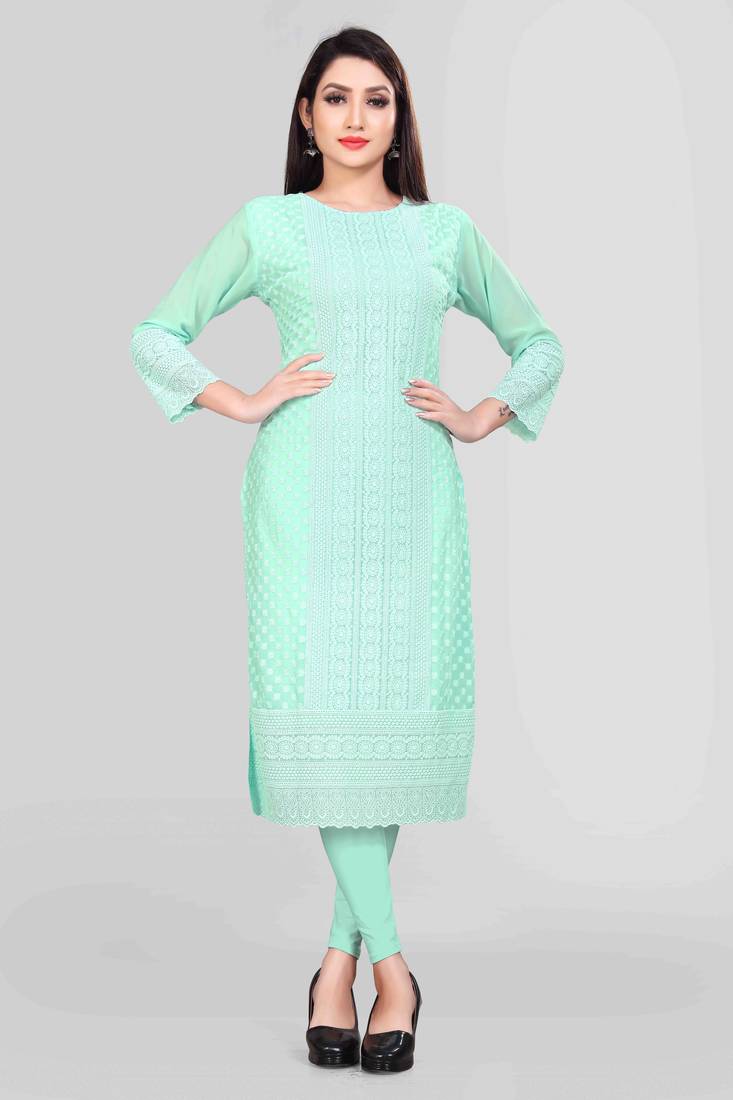 Wlosea Fashion Georgette Chiffon Chikan Embroidery Sky Blue stitched Only Kurti