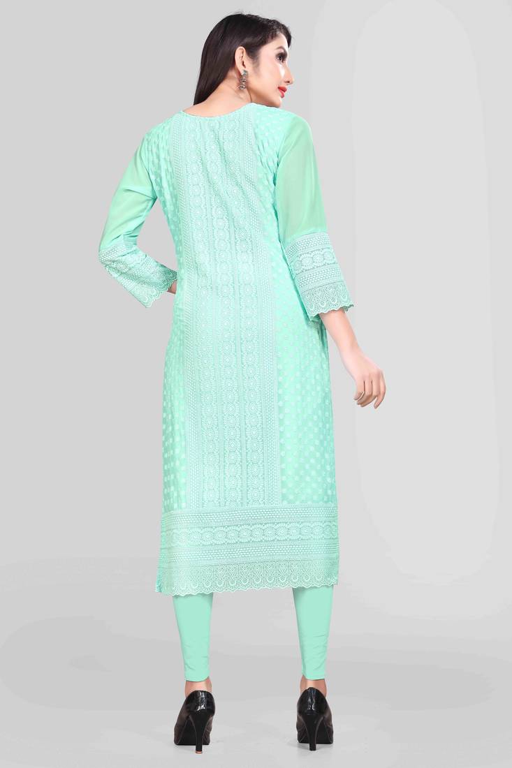 Wlosea Fashion Georgette Chiffon Chikan Embroidery Sky Blue stitched Only Kurti