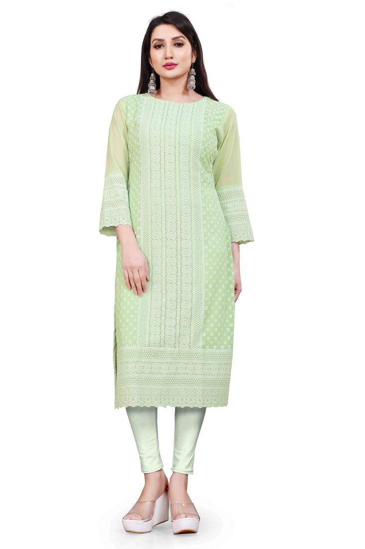 Wlosea Fashion Georgette Chiffon Chikan Embroidery Pista stitched Only Kurti