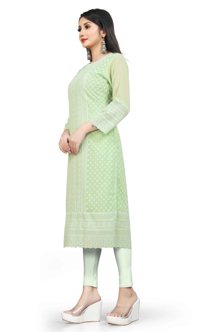 Wlosea Fashion Georgette Chiffon Chikan Embroidery Pista stitched Only Kurti