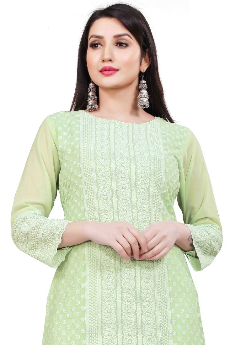 Wlosea Fashion Georgette Chiffon Chikan Embroidery Pista stitched Only Kurti