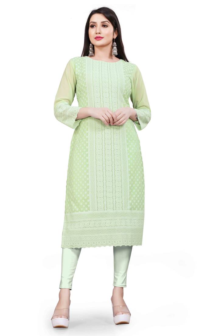 Wlosea Fashion Georgette Chiffon Chikan Embroidery Pista stitched Only Kurti