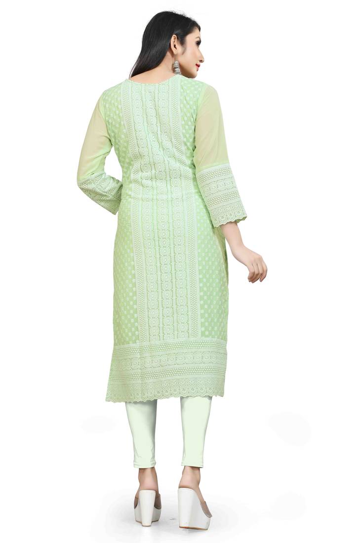 Wlosea Fashion Georgette Chiffon Chikan Embroidery Pista stitched Only Kurti