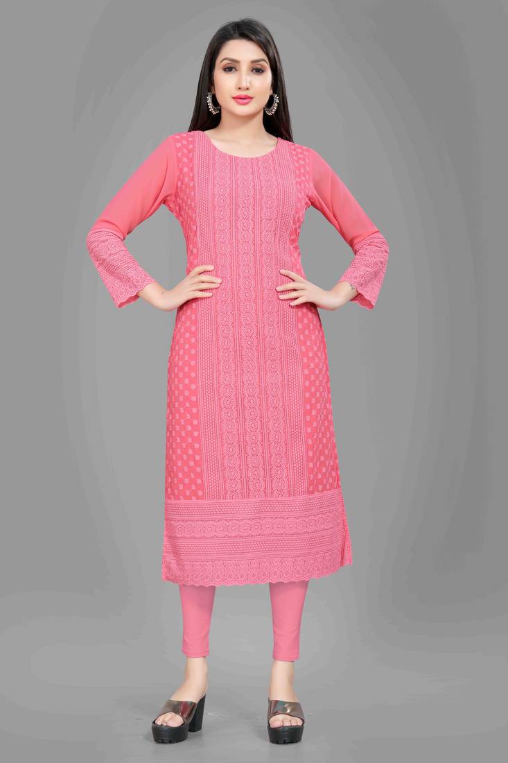 Wlosea Fashion Georgette Chiffon Chikan Embroidery Pink stitched Only Kurti