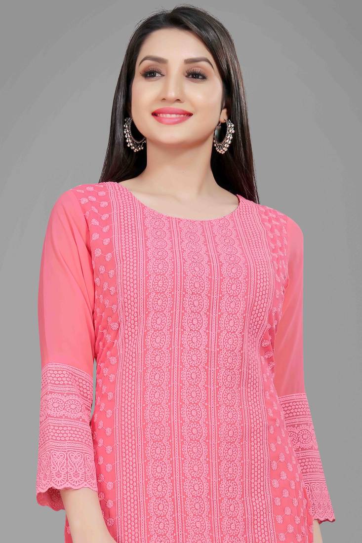 Wlosea Fashion Georgette Chiffon Chikan Embroidery Pink stitched Only Kurti
