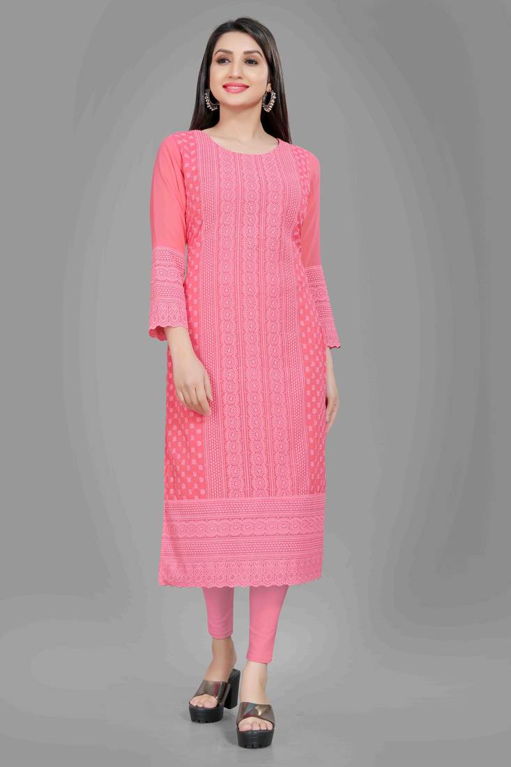 Wlosea Fashion Georgette Chiffon Chikan Embroidery Pink stitched Only Kurti