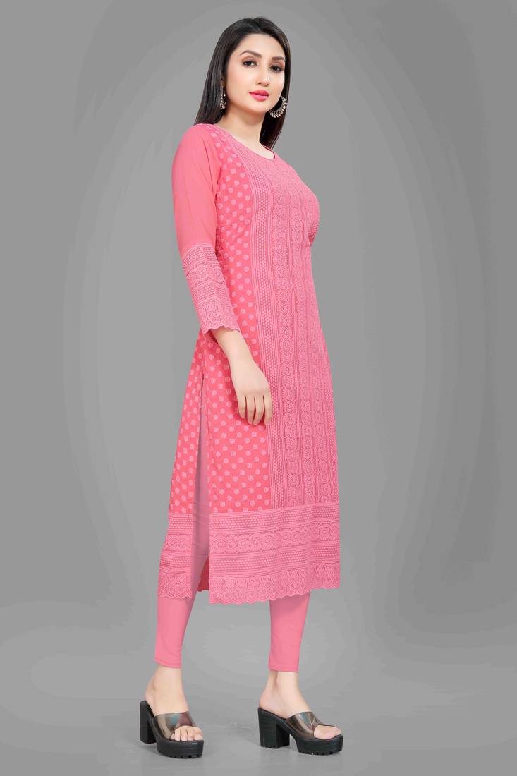 Wlosea Fashion Georgette Chiffon Chikan Embroidery Pink stitched Only Kurti