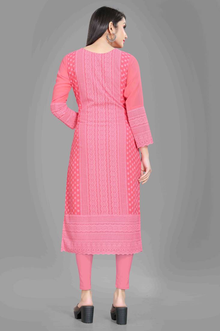 Wlosea Fashion Georgette Chiffon Chikan Embroidery Pink stitched Only Kurti