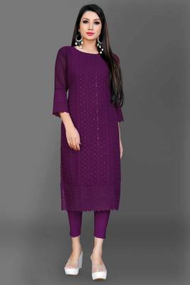 Wlosea Fashion Georgette Chiffon Chikankari Embroidery Purple stitched Only Kurti 1