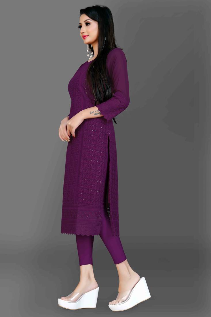 Wlosea Fashion Georgette Chiffon Chikankari Embroidery Purple stitched Only Kurti
