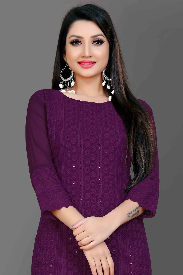 Wlosea Fashion Georgette Chiffon Chikankari Embroidery Purple stitched Only Kurti