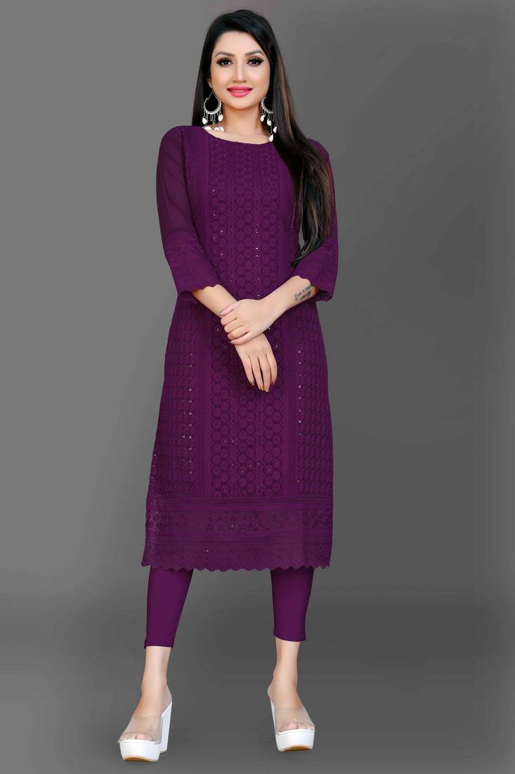 Wlosea Fashion Georgette Chiffon Chikankari Embroidery Purple stitched Only Kurti