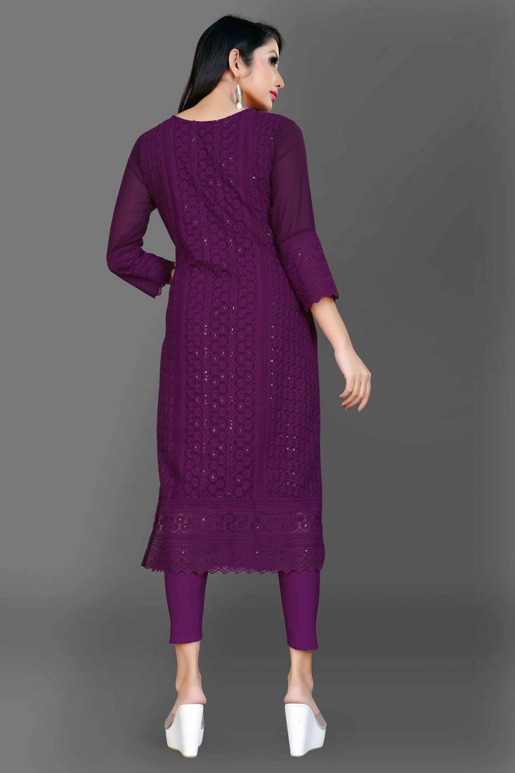 Wlosea Fashion Georgette Chiffon Chikankari Embroidery Purple stitched Only Kurti