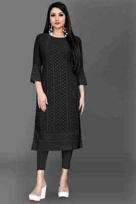 Wlosea Fashion Georgette Chiffon Chikankari Embroidery Black stitched Only Kurti 1