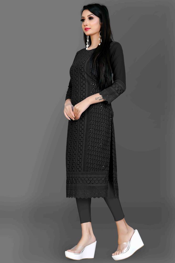 Wlosea Fashion Georgette Chiffon Chikankari Embroidery Black stitched Only Kurti