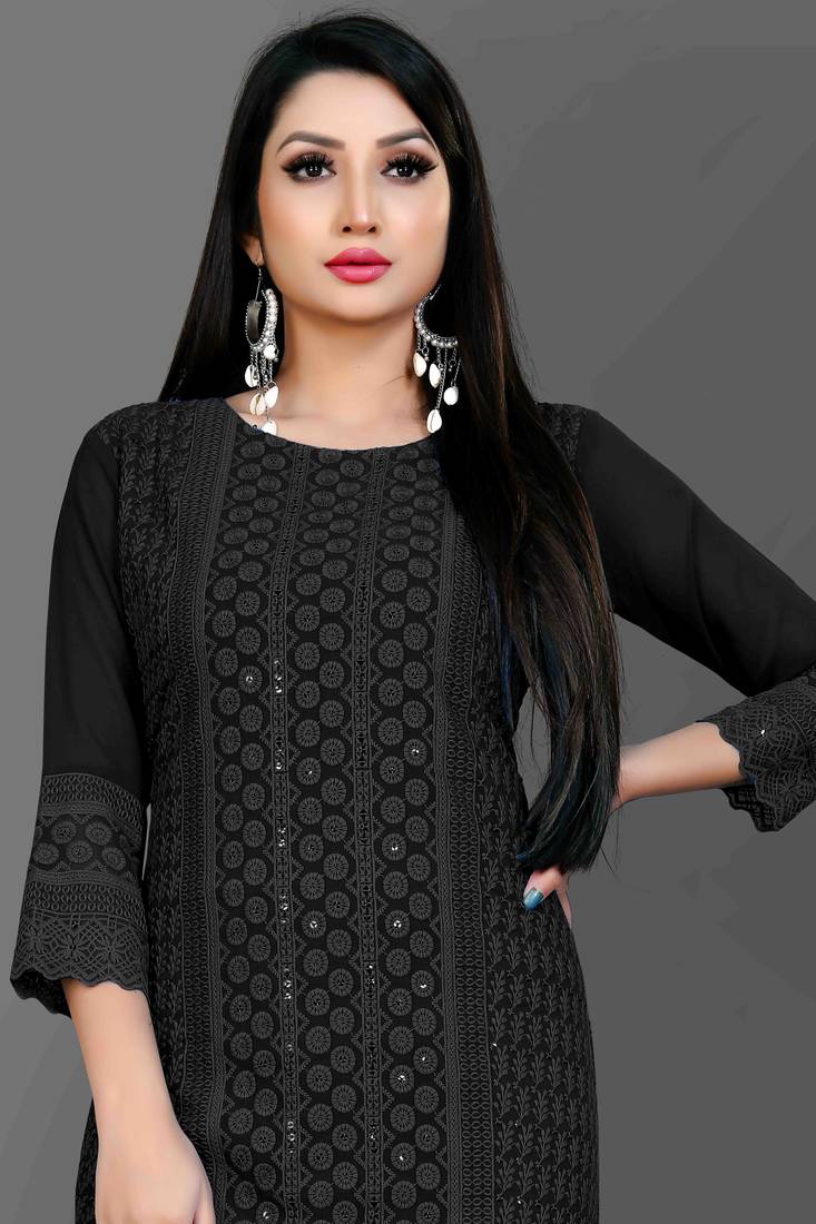 Wlosea Fashion Georgette Chiffon Chikankari Embroidery Black stitched Only Kurti
