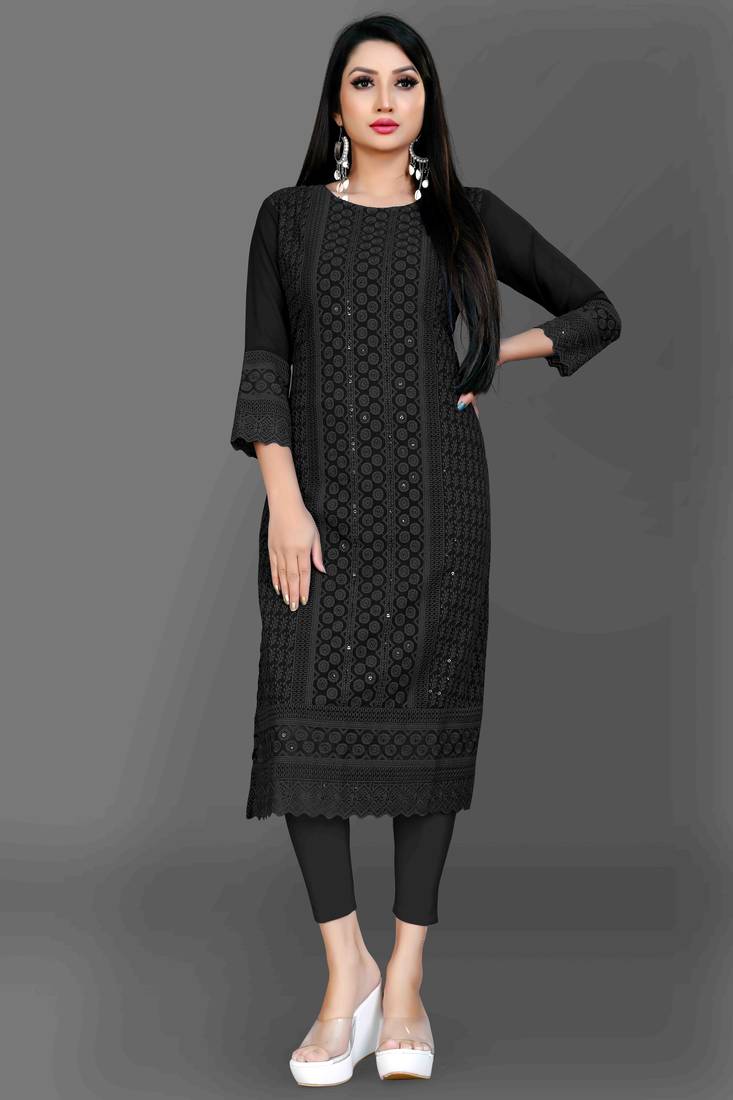 Wlosea Fashion Georgette Chiffon Chikankari Embroidery Black stitched Only Kurti