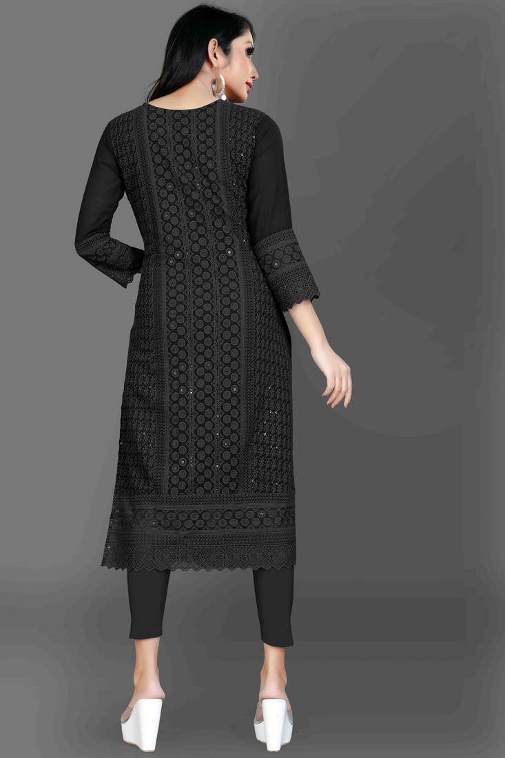 Wlosea Fashion Georgette Chiffon Chikankari Embroidery Black stitched Only Kurti