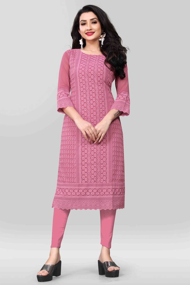 Wlosea Fashion Georgette Chiffon Chikankari Embroidery Onion Pink stitched Only Kurti