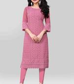 Wlosea Fashion Georgette Chiffon Chikankari Embroidery Onion Pink stitched Only Kurti