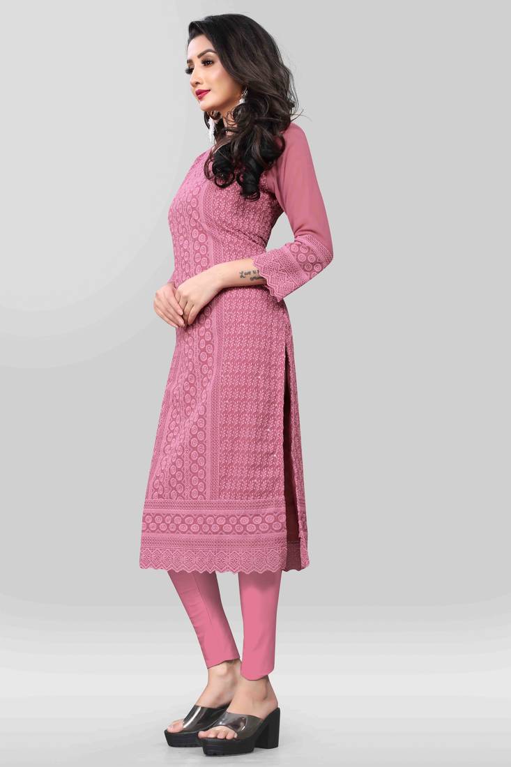 Wlosea Fashion Georgette Chiffon Chikankari Embroidery Onion Pink stitched Only Kurti