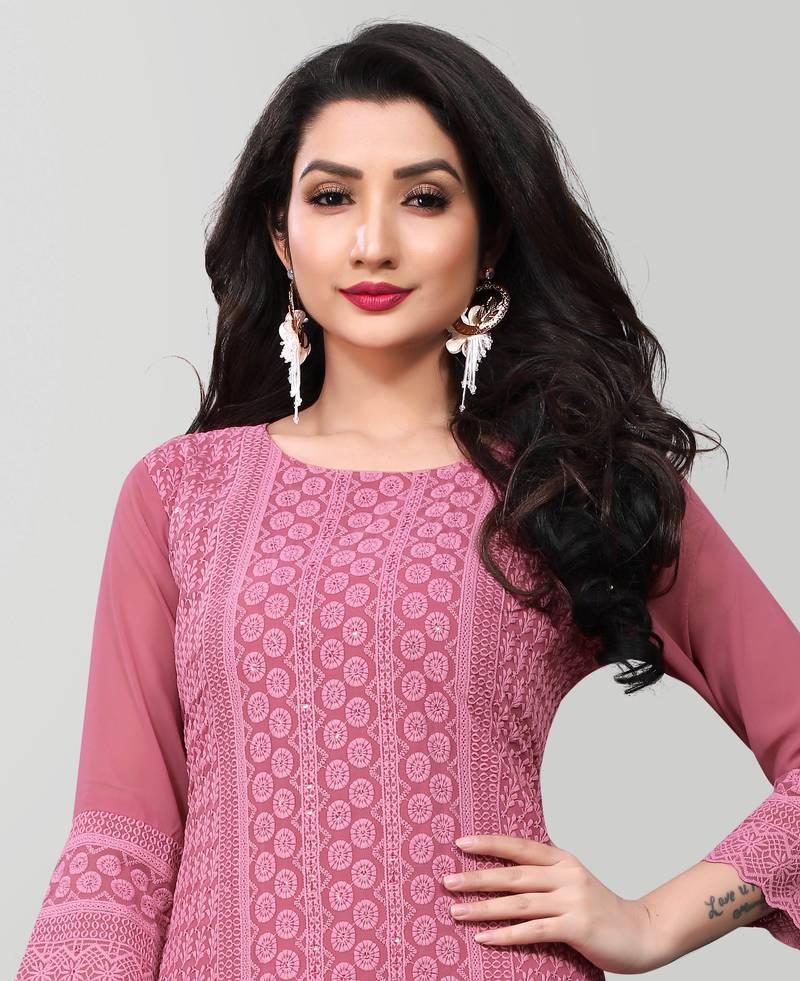 Wlosea Fashion Georgette Chiffon Chikankari Embroidery Onion Pink stitched Only Kurti
