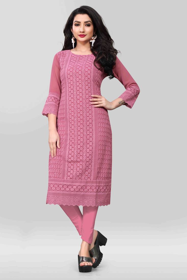 Wlosea Fashion Georgette Chiffon Chikankari Embroidery Onion Pink stitched Only Kurti