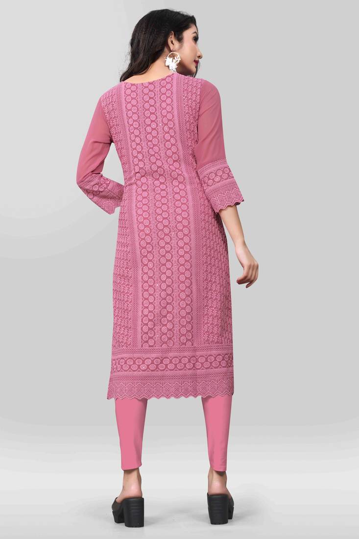 Wlosea Fashion Georgette Chiffon Chikankari Embroidery Onion Pink stitched Only Kurti