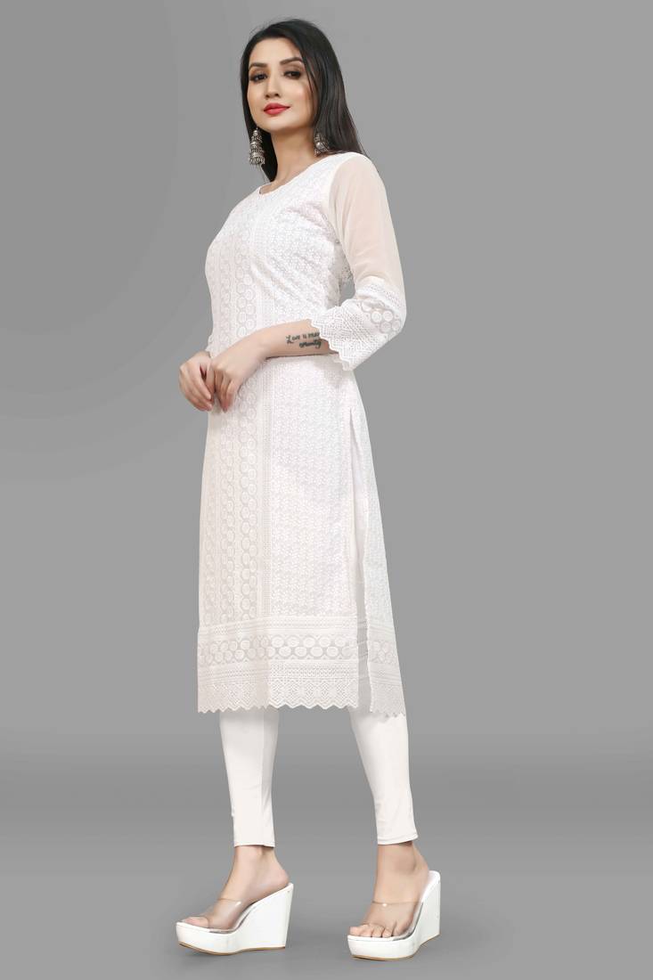 Wlosea Fashion Georgette Chiffon Chikankari Embroidery White stitched Only Kurti