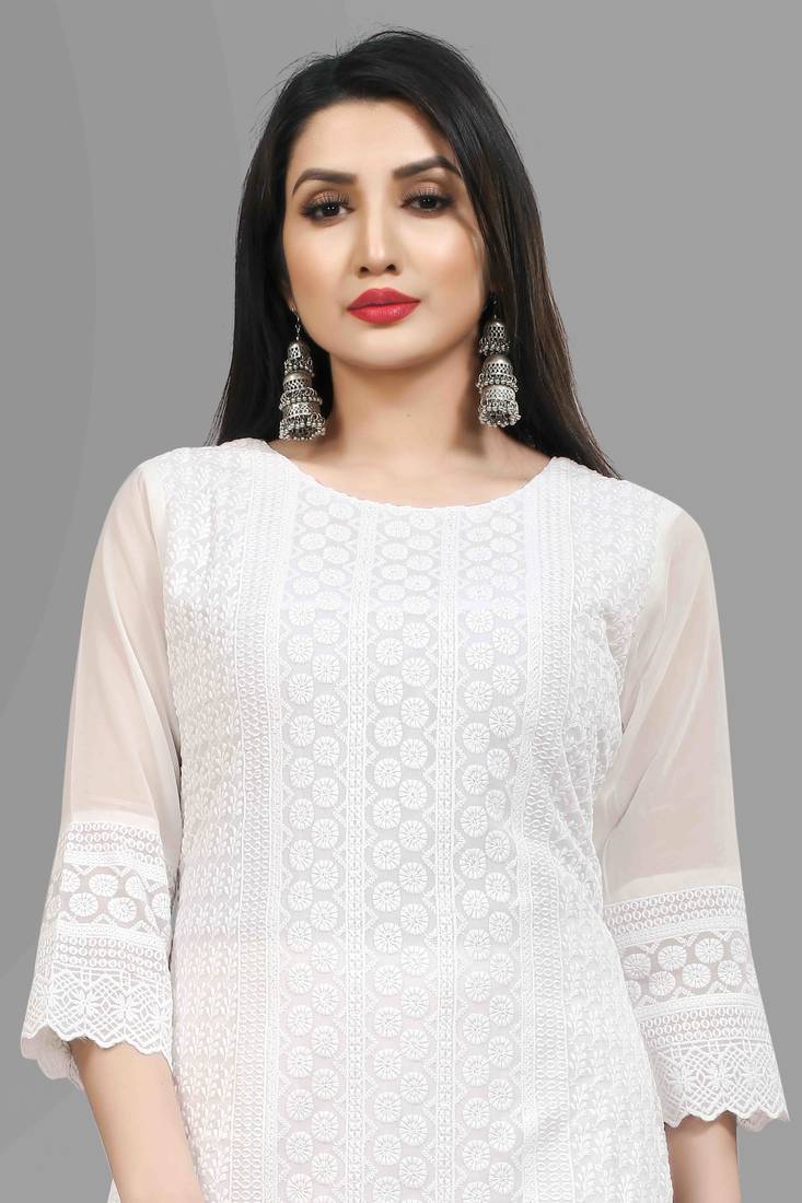 Wlosea Fashion Georgette Chiffon Chikankari Embroidery White stitched Only Kurti